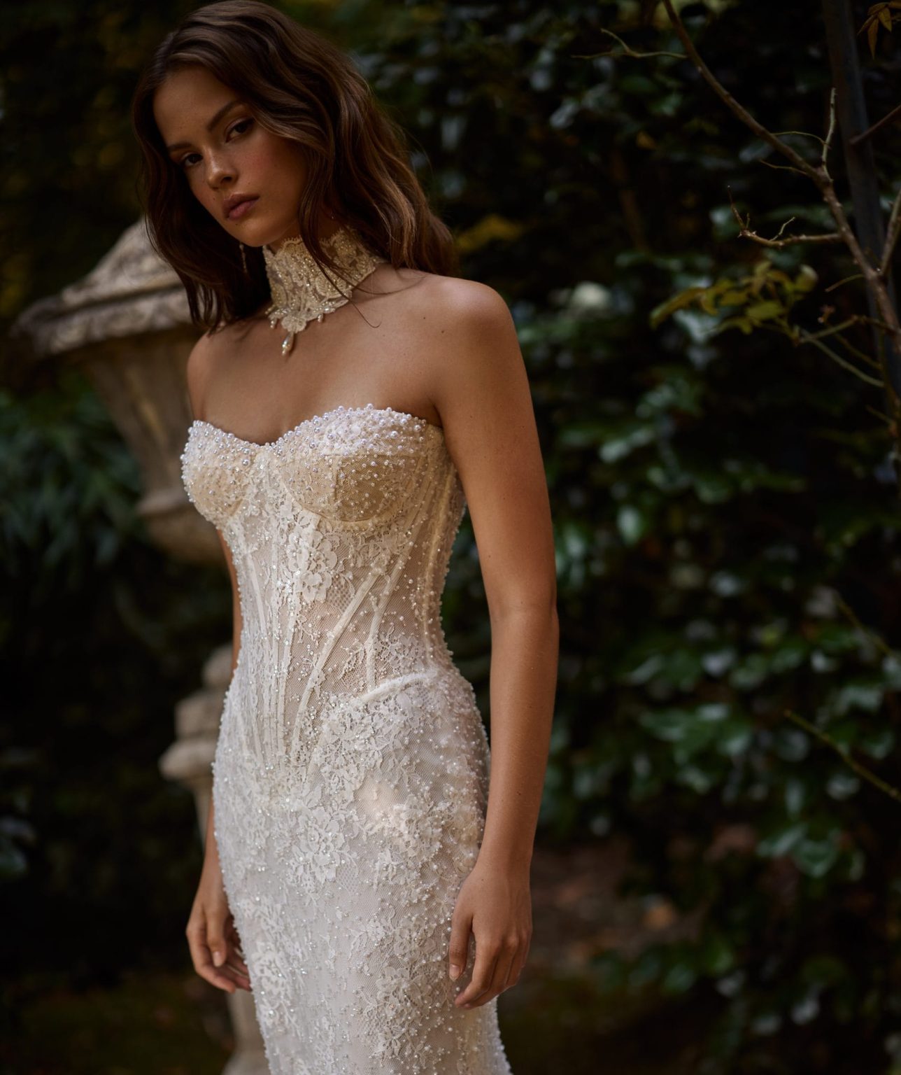Elegant bride choosing a wedding dress